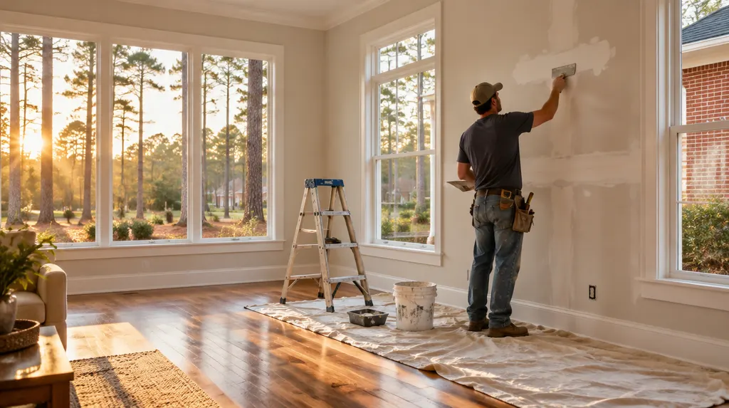 A handyman patching drywall in a bright room in Lexington, SC