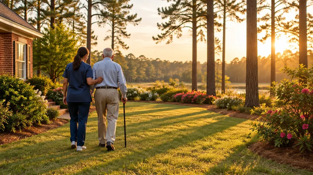 A caregiver helping an older man walk in a sunny garden in Lexington, SC