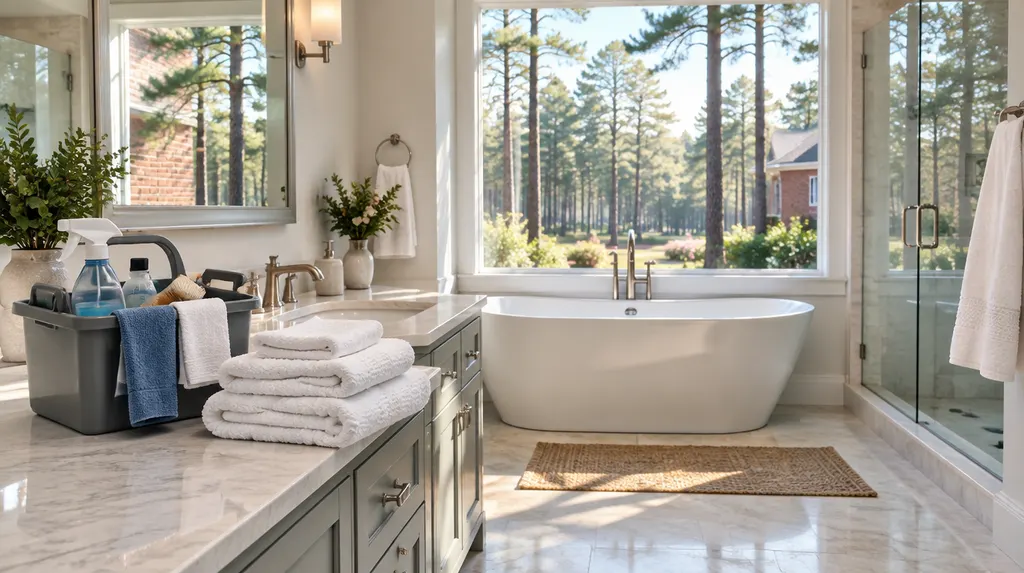 A cleaning caddy and fresh towels in a spotless bathroom in Lexington, SC