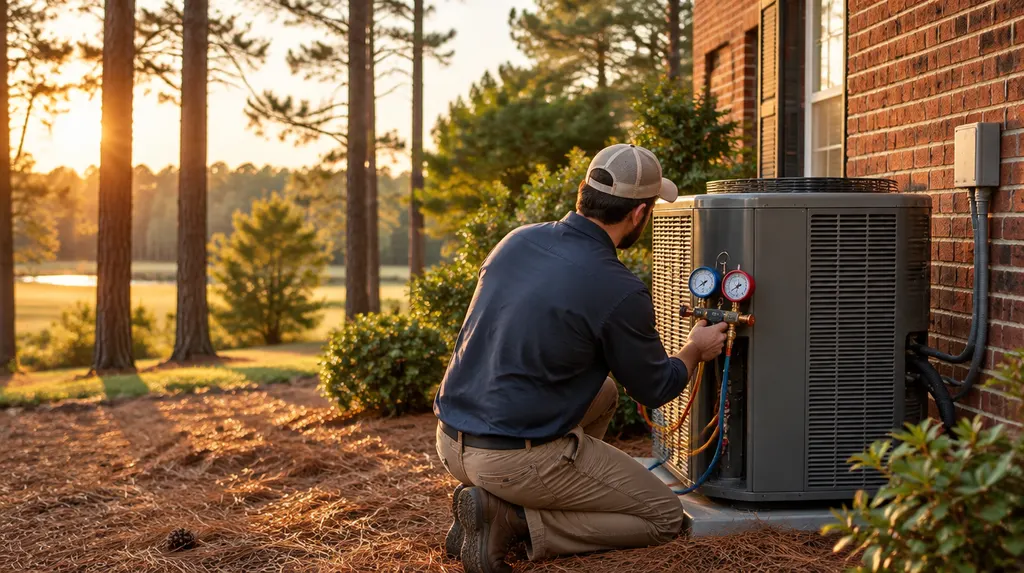 A technician checking a heat pump with gauges in Lexington, SC
