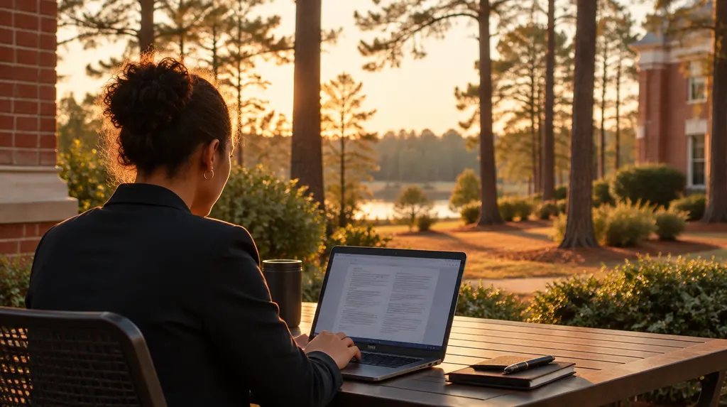 An agent reviewing a policy on a laptop in Lexington, SC