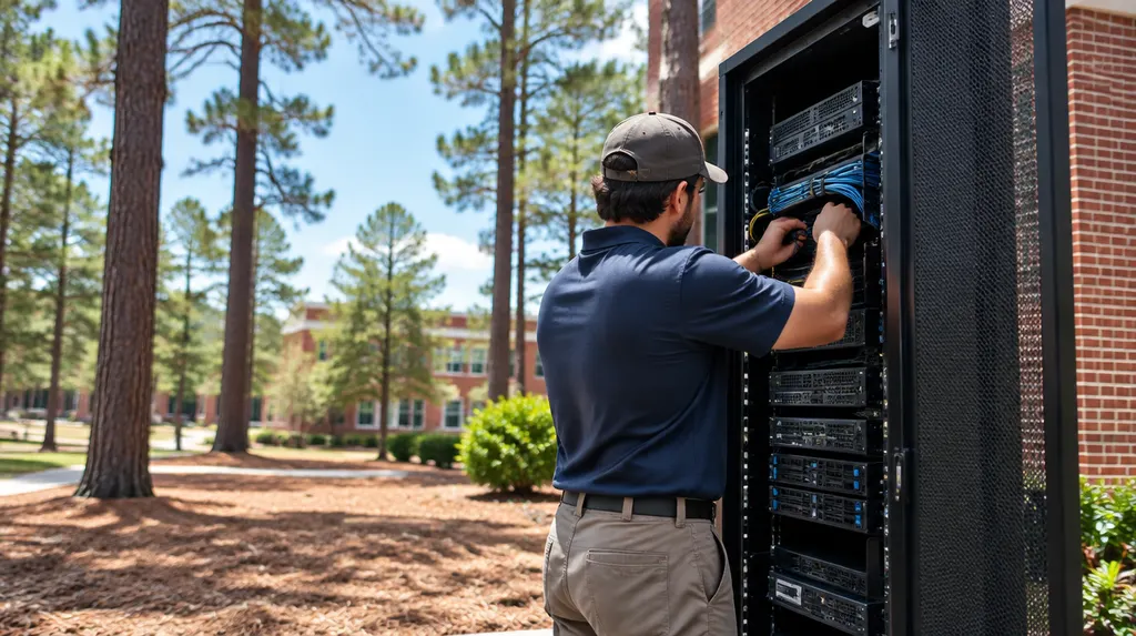 An IT technician working on a server rack in Lexington, SC