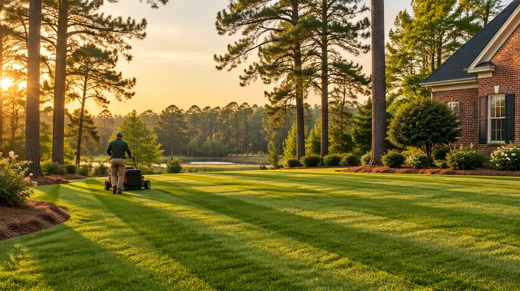 A landscaper mowing a striped green lawn in Lexington, SC