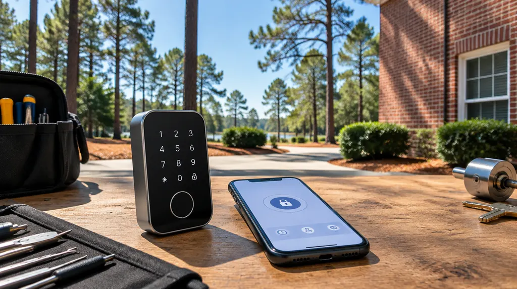 A sleek modern smart lock keypad and a phone app on a locksmith’s table in Lexington, SC