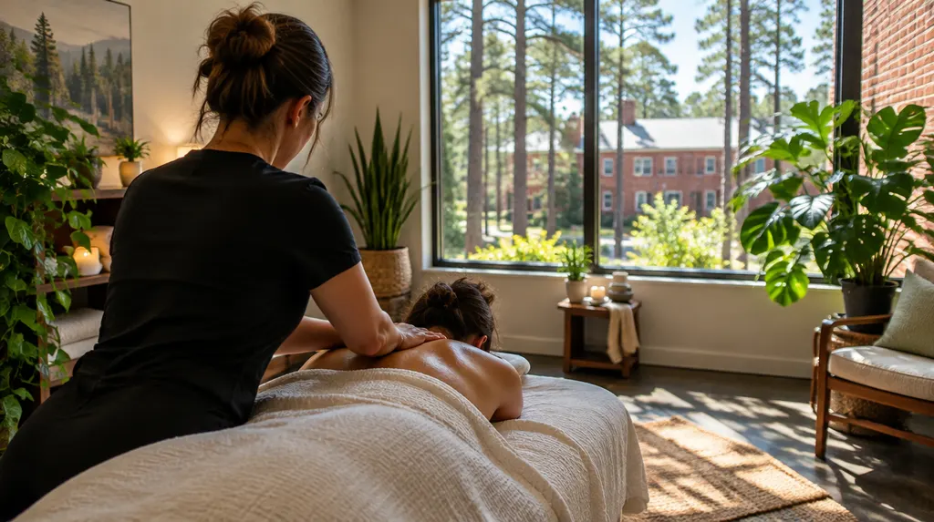 A massage studio with soft light and plants in Lexington, SC