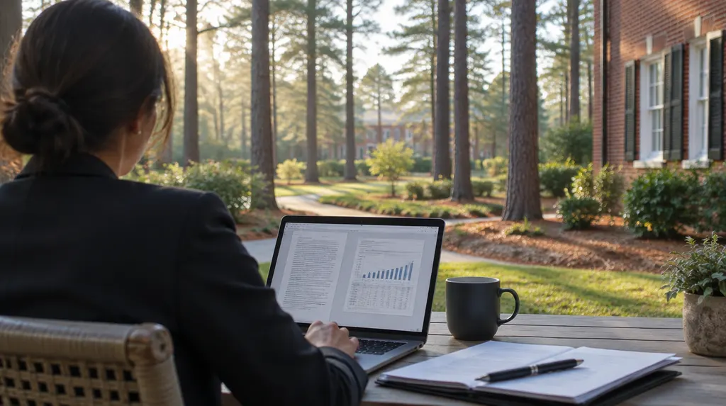 A broker reviewing documents on a laptop in Lexington, SC