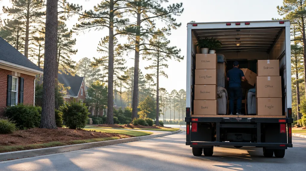 Neatly stacked labeled boxes in a moving truck in Lexington, SC