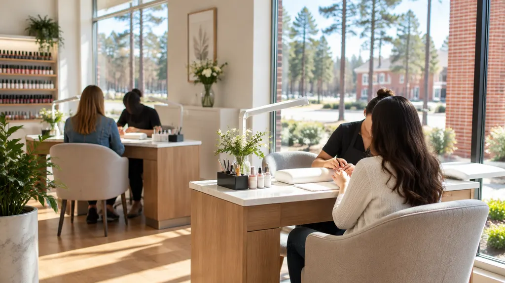 A bright nail salon with manicure tables in Lexington, SC