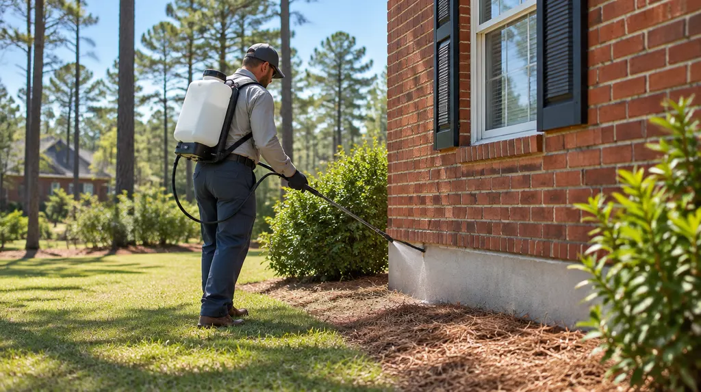 A pest control technician spraying the foundation of a house in Lexington, SC