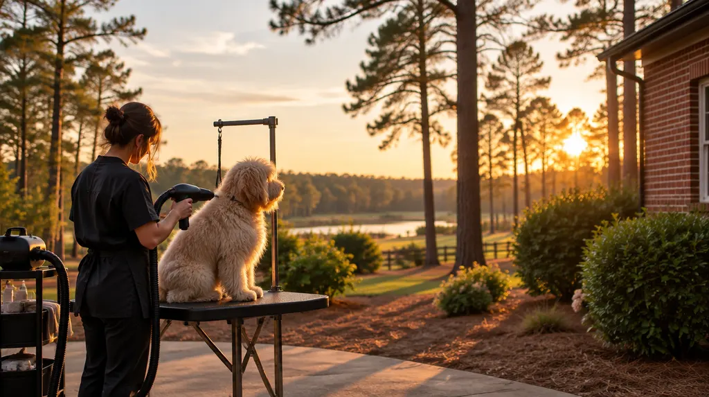 A groomer drying a fluffy dog in Lexington, SC