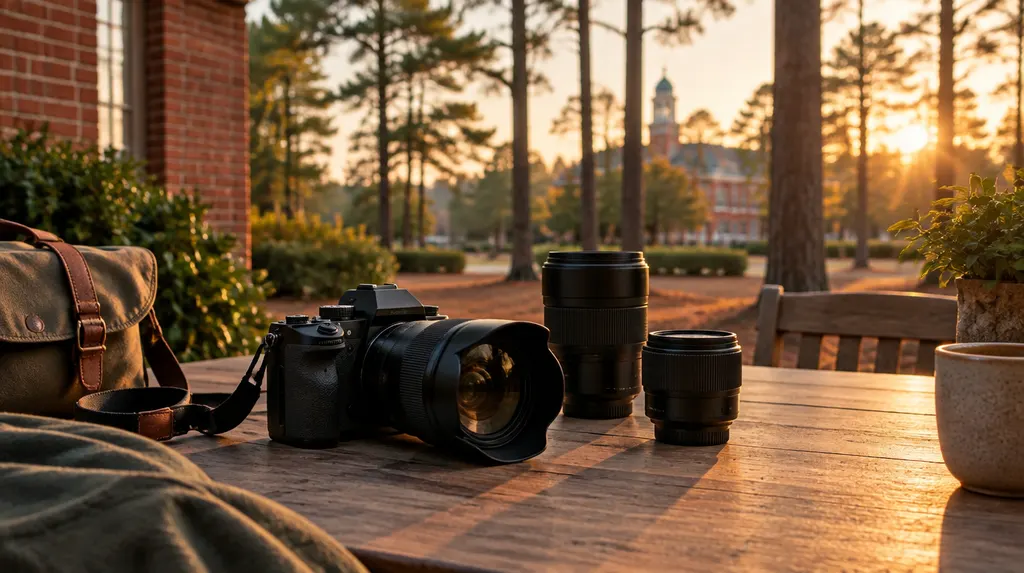 A camera and lenses on a studio table in Lexington, SC