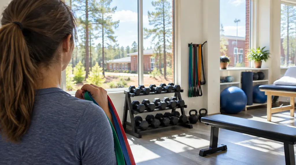 Resistance bands and weights in a bright clinic in Lexington, SC