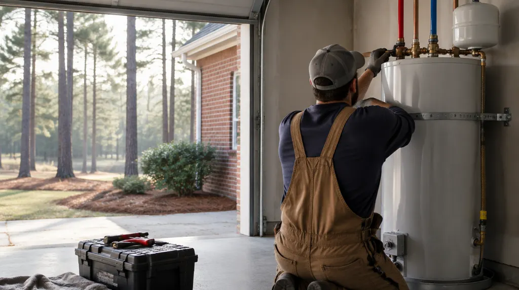 A plumber installing a tank water heater in a garage in Lexington, SC