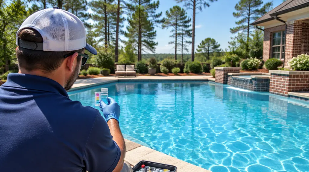 A clean blue pool with a technician testing the water in Lexington, SC