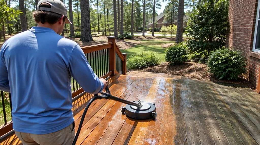 Cleaning a wooden deck with a surface cleaner in Lexington, SC