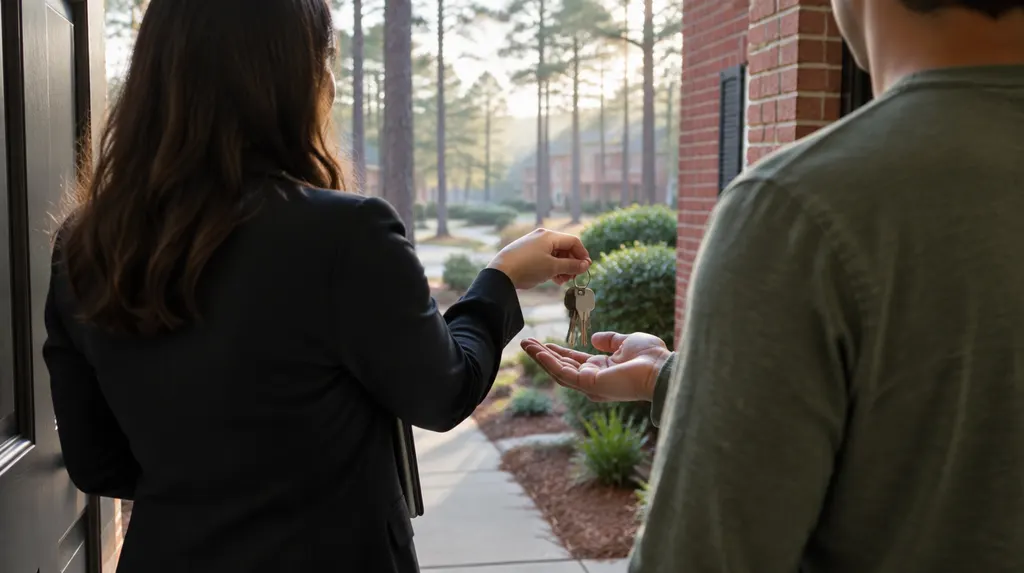 A manager handing keys to a tenant at a front door in Lexington, SC