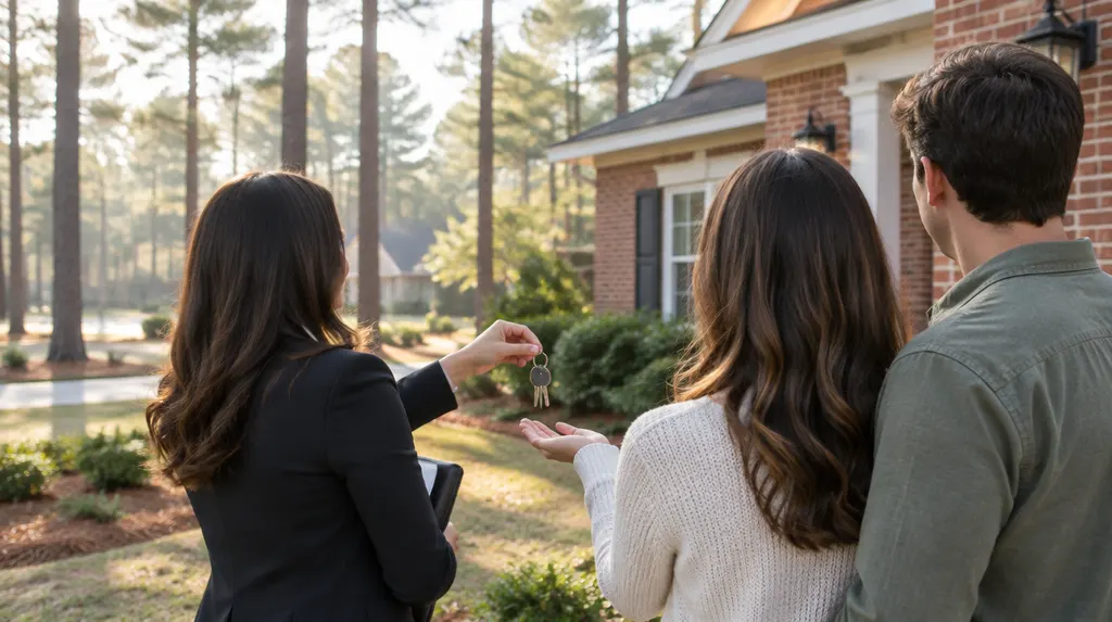 An agent handing keys to new homeowners outside a house in Lexington, SC