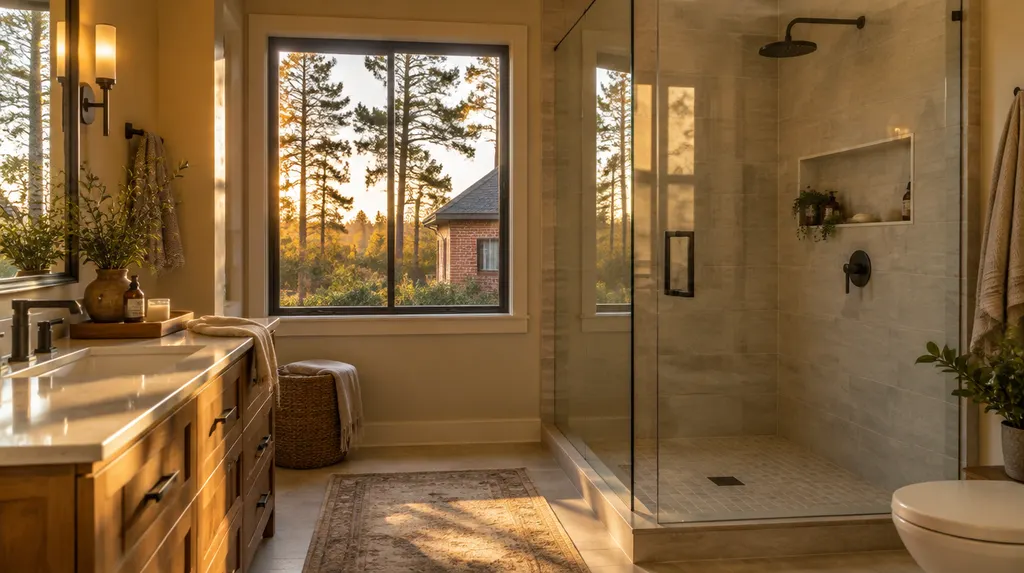 A finished modern bathroom remodel with a walk-in shower in Lexington, SC