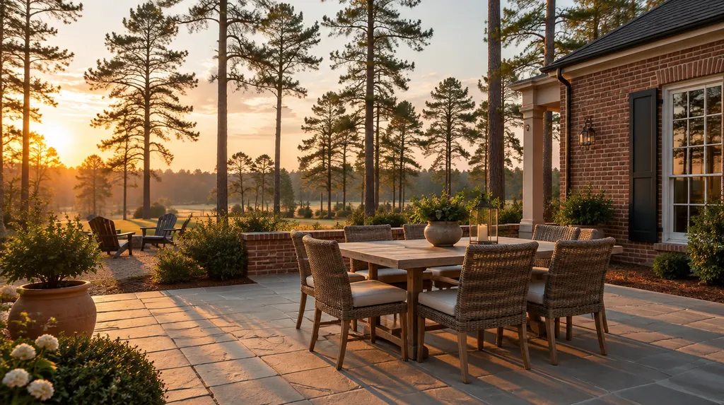 A patio dining area at golden hour in Lexington, SC