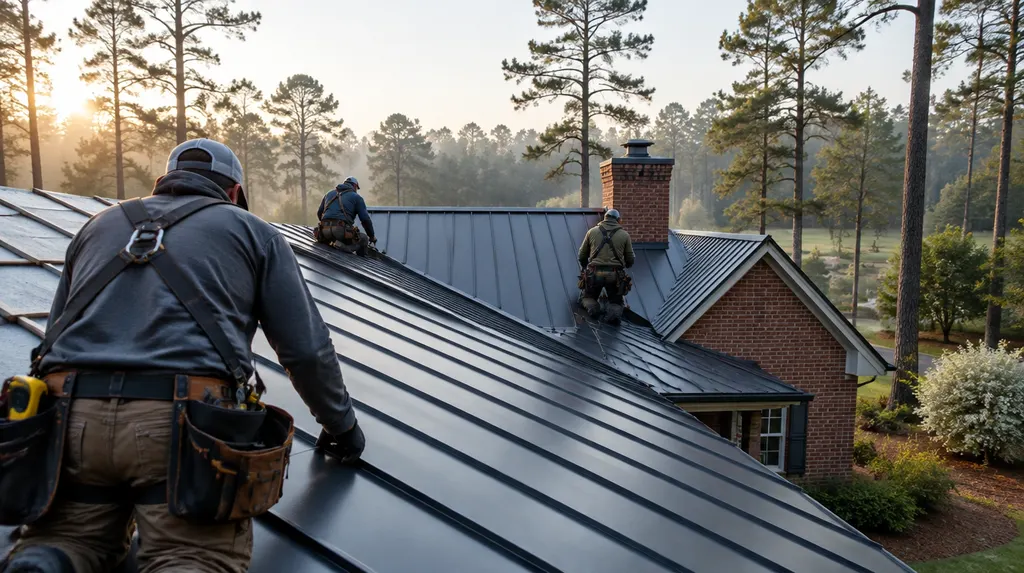 A roofing crew installing a standing-seam metal roof in Lexington, SC