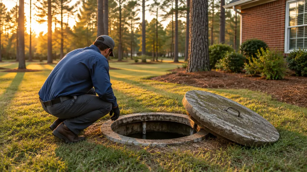 A technician inspecting an open septic tank lid in a yard in Lexington, SC