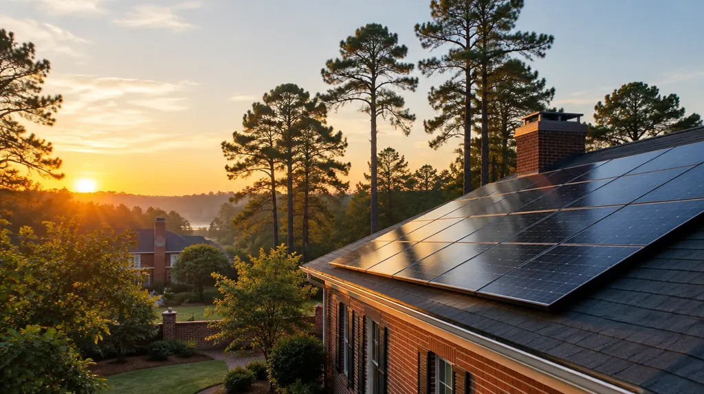 A roof of solar panels at golden hour in Lexington, SC