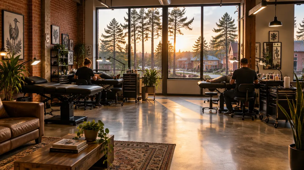 A clean modern tattoo studio with artist stations in Lexington, SC
