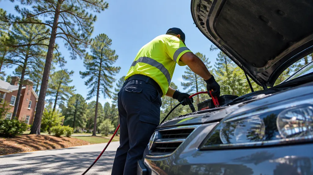 A roadside assistance worker jump-starting a car in Lexington, SC