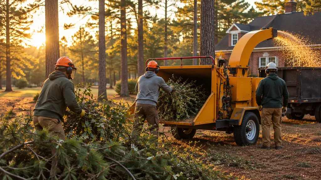 A crew feeding branches into a wood chipper in Lexington, SC