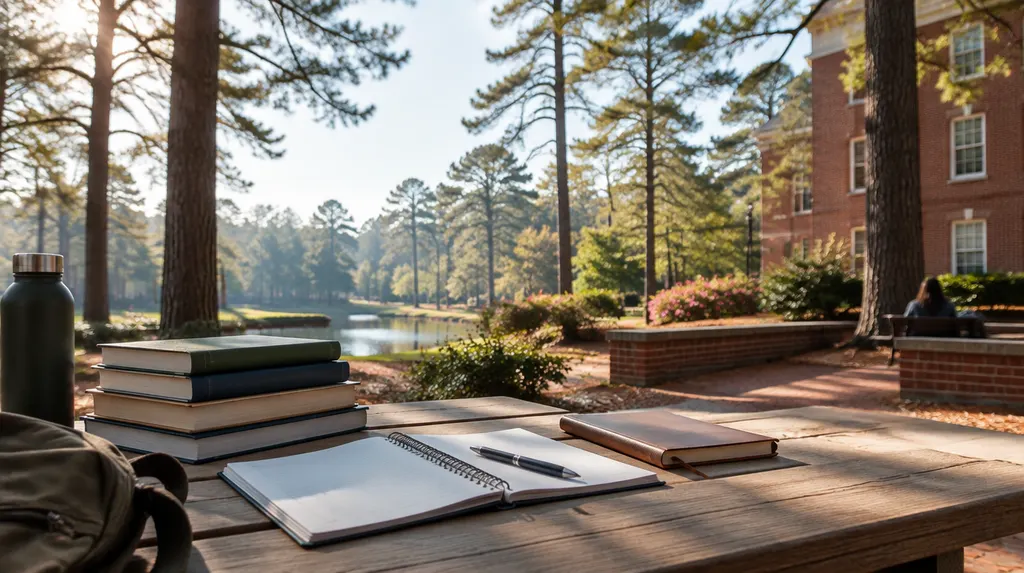 Books and notebooks on a study table in Lexington, SC