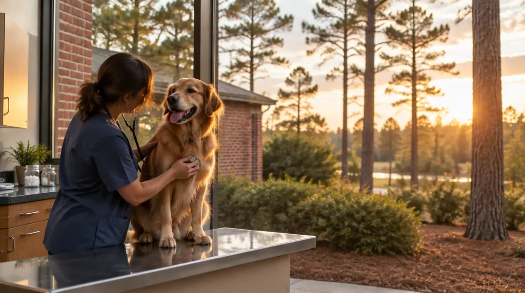 A veterinarian examining a happy dog on an exam table in Lexington, SC