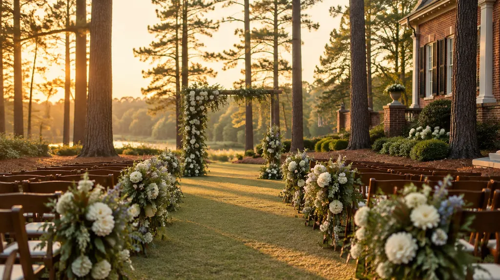 A wedding ceremony aisle with flowers in Lexington, SC