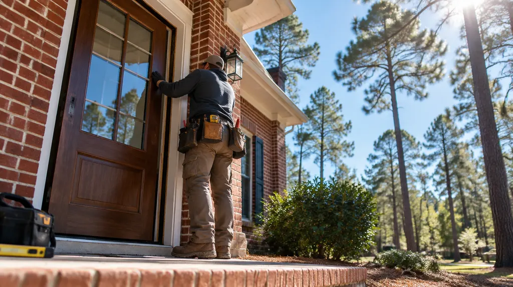 An installer hanging a new front entry door in Lexington, SC