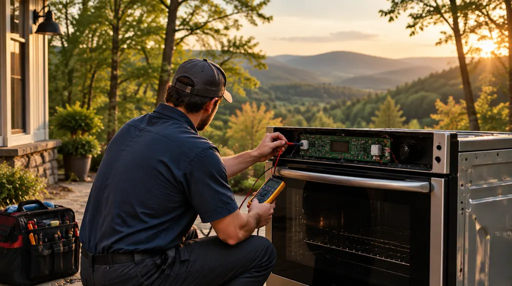 A repair tech testing an oven control panel in Mauldin, SC