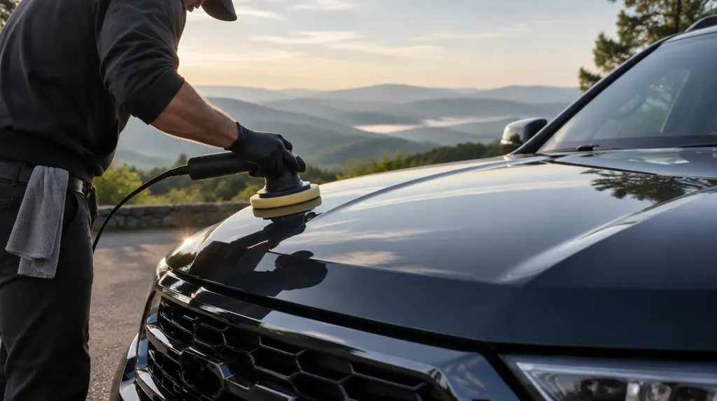 A detailer polishing the glossy hood of a dark SUV in Mauldin, SC