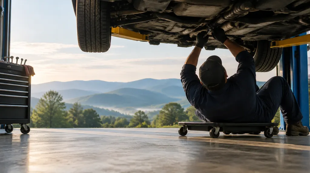 A mechanic working under a car on a lift in Mauldin, SC