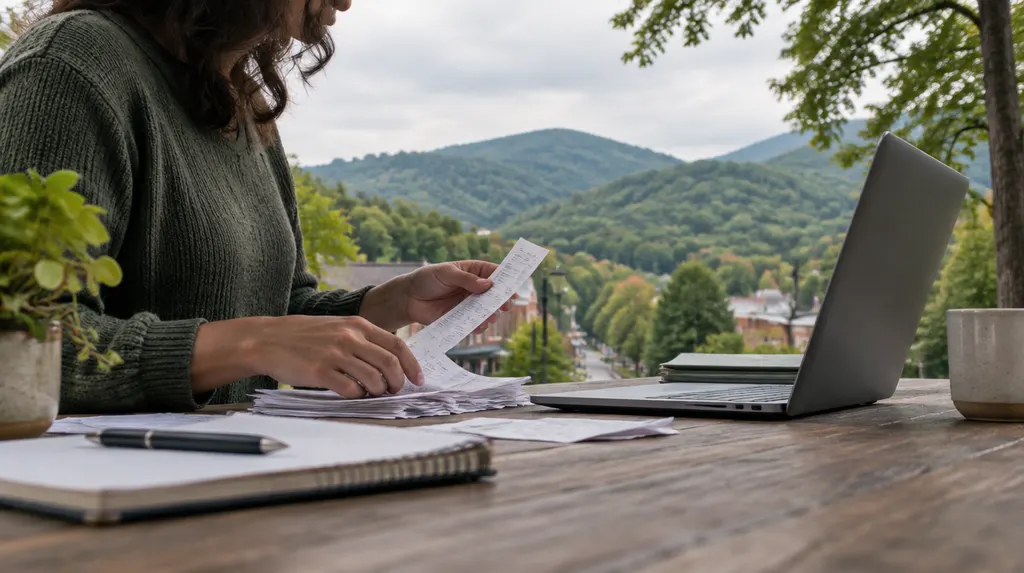 A bookkeeper organizing receipts and a laptop in Mauldin, SC