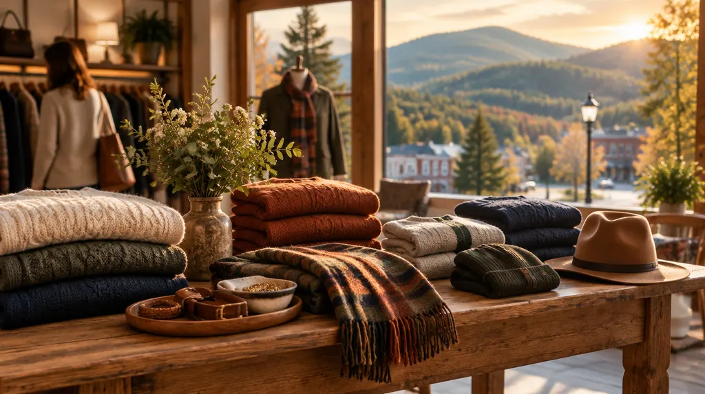 Folded sweaters and accessories on a boutique table in Mauldin, SC