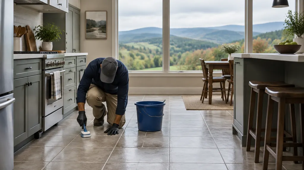 A technician cleaning tile grout on a kitchen floor in Mauldin, SC