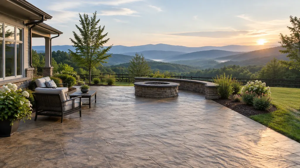 A finished stamped concrete patio beside a house in Mauldin, SC