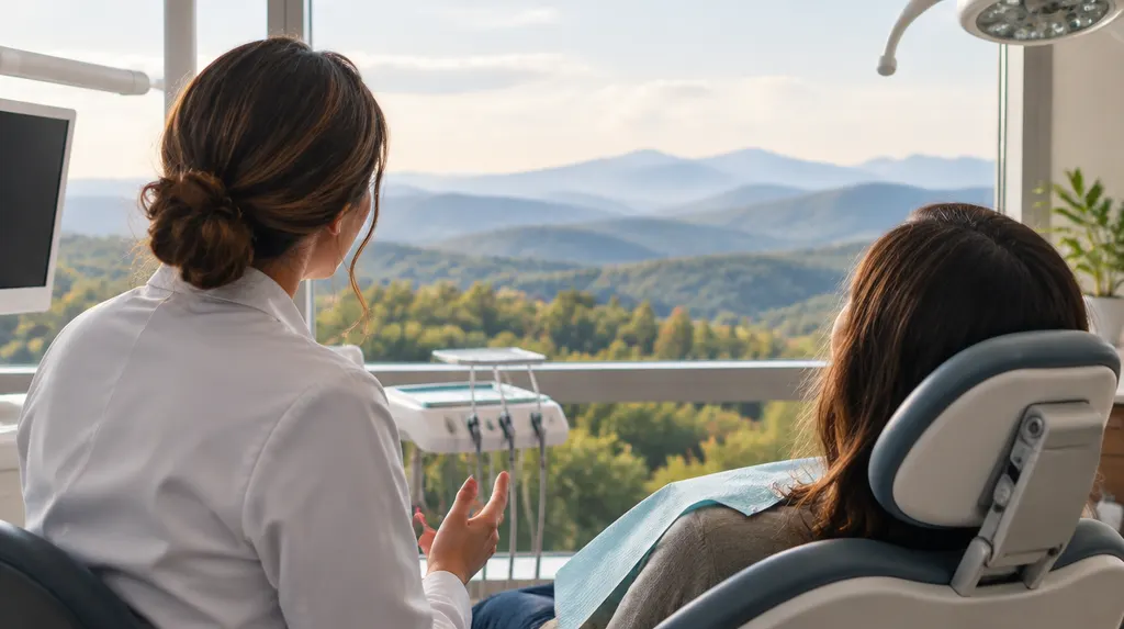 A dentist talking with a patient in a dental chair in Mauldin, SC