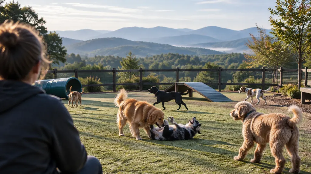 Dogs playing in a doggy daycare play area in Mauldin, SC