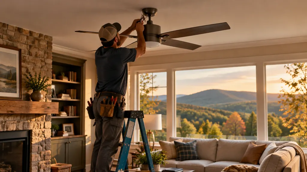 An electrician hanging a modern ceiling fan in a living room in Mauldin, SC