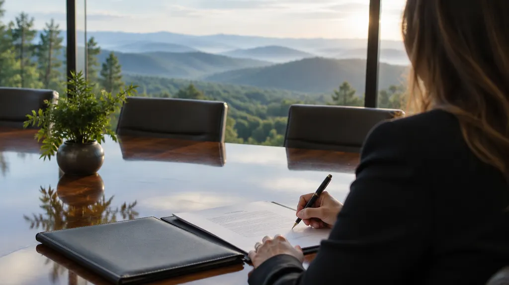 Signing documents at a polished conference table in Mauldin, SC