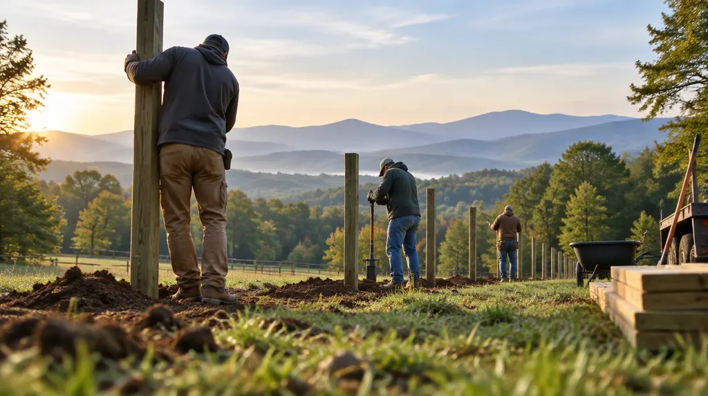 A crew setting posts for a new wood privacy fence in Mauldin, SC