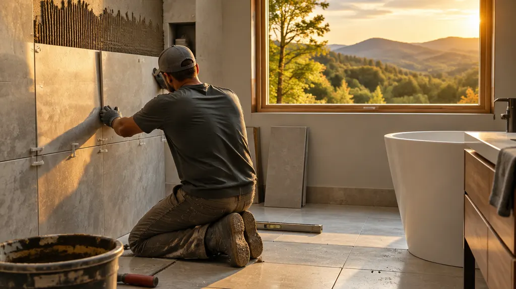 A tile setter placing large tiles in a bathroom in Mauldin, SC