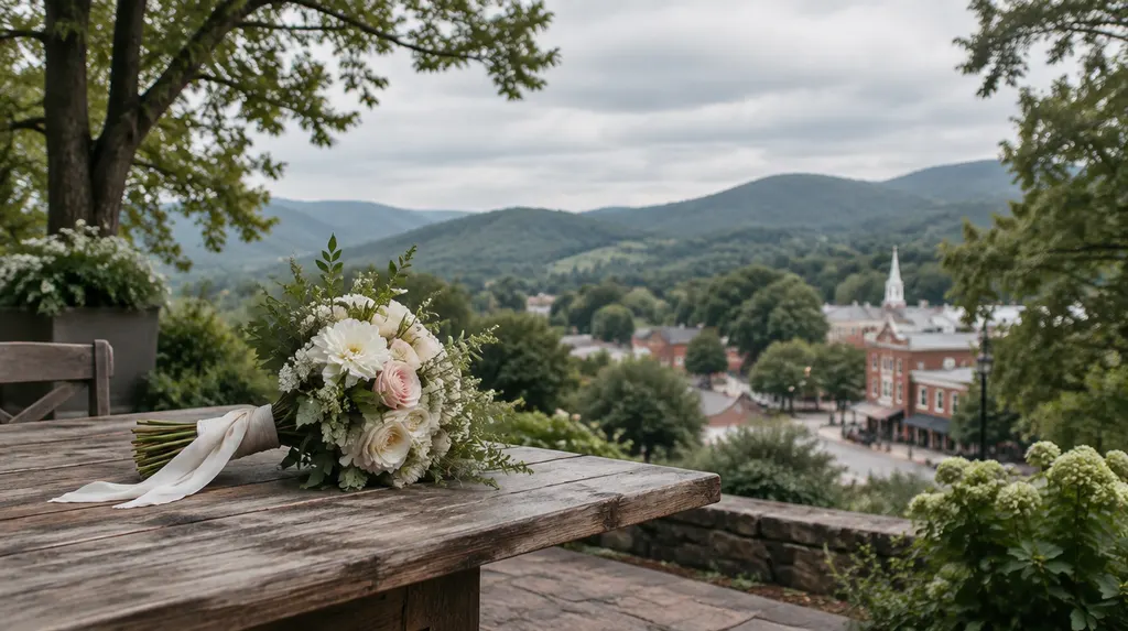A bridal bouquet on a rustic table in Mauldin, SC