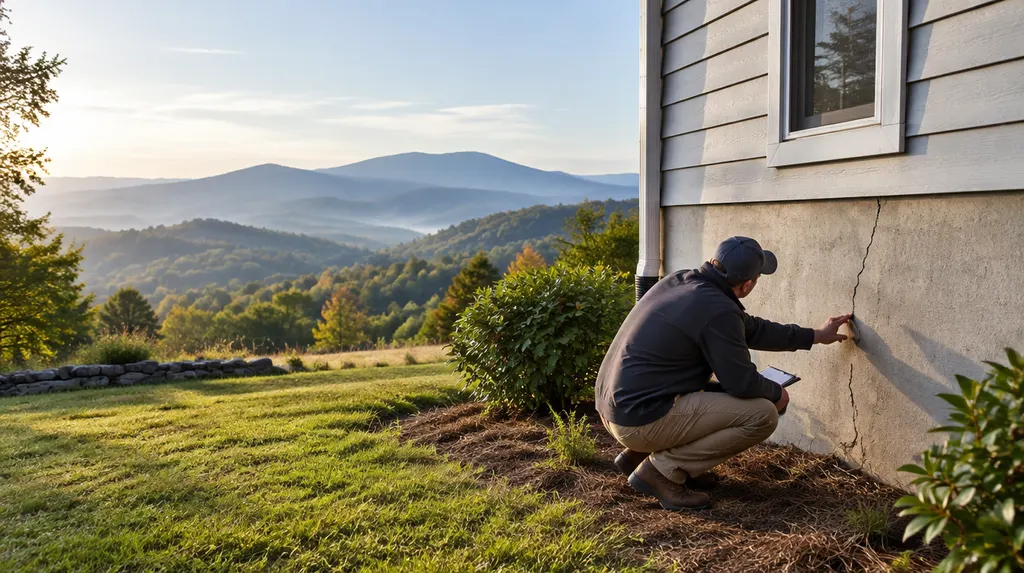 A specialist examining a crack in a foundation wall in Mauldin, SC