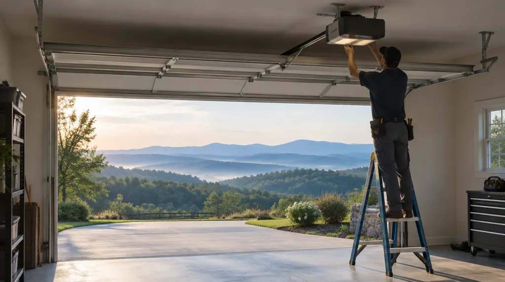 A technician adjusting a garage door opener on the ceiling in Mauldin, SC