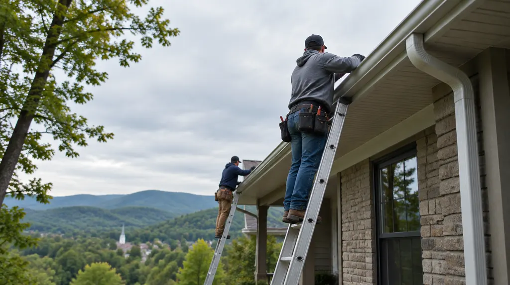A crew installing seamless gutters on a house in Mauldin, SC